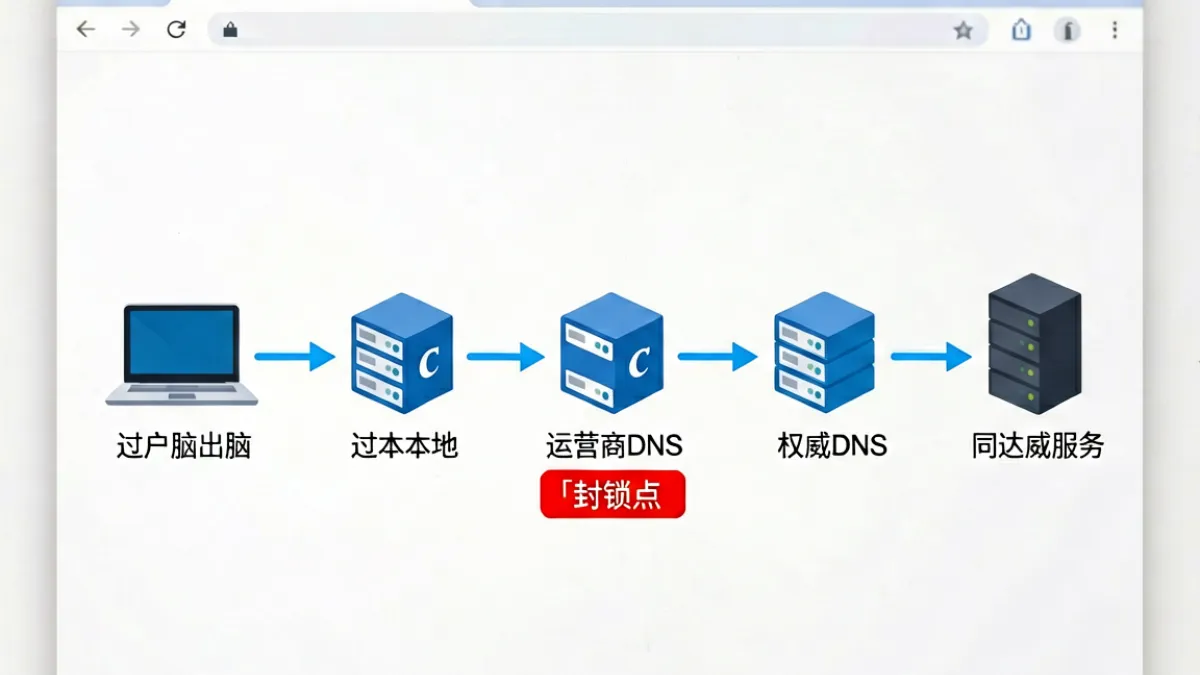 示意图：caoliu社区 地址在浏览器地址栏被切换，背景是域名解析链路示意图