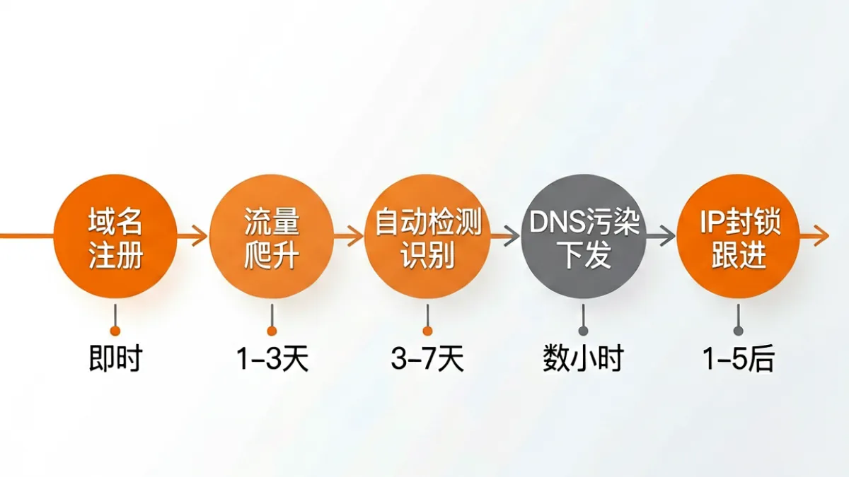 流程图：域名从注册到被DNS污染封锁的各个阶段，标注每个节点的时间窗口