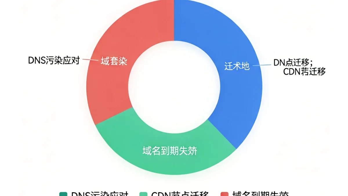 caoliu社区 地址变动原因分析图，包含DNS污染、CDN迁移和域名到期三类触发机制的占比示意